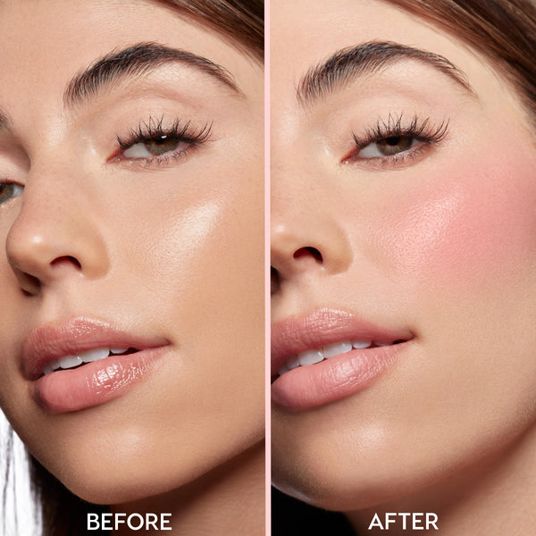 Model’s face wearing Baby Bunny ColourPop Lip and Cheek Balm shows a dewy soft‑pink flush on the right cheek and glossy lips in a split before‑and‑after close‑up, demonstrating natural, buildable color and glow.