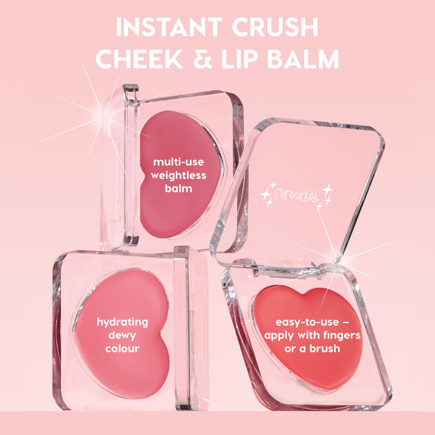 ColourPop Lip and Cheek Balm in Baby Bunny, a heart-shaped pink tint, shown in three clear square compacts on a soft pink background, highlighting dewy, multi-use, weightless color that’s easy to apply with fingers or a brush.