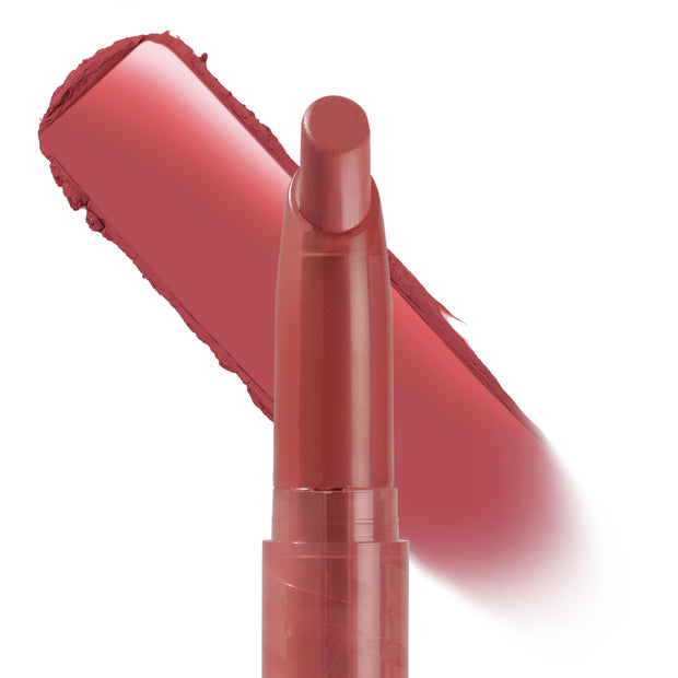 ColourPop Lippie Stix It's Giving stands upright as a creamy rosy-mauve bullet, with a bold diagonal swatch behind it on a white backdrop, showcasing the twist-up tube, tapered tip, and smooth, full-coverage payoff.
