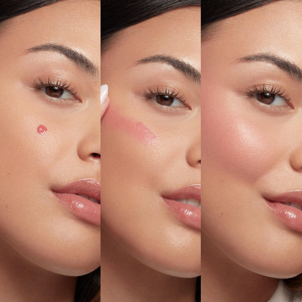 Angel Face liquid blush dot applied, blended with a fingertip, and finished dewy glow on a model’s cheek in a three-panel close-up, showcasing the soft rosy pink payoff and natural sheen of ColourPop Liquid Blush.