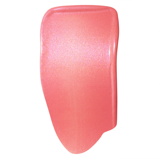 Princess Ave ColourPop Liquid Blush swatch spreading in a single glossy stroke, showing a warm coral-pink hue with fine iridescent shimmer and a dewy finish against a clean white background.