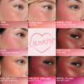 Angel Face ColourPop Liquid Blush swatched as a warm‑toned true pink on a model’s cheek, set in a 3x3 collage of labeled shades (THX, Super Shy, IKTR, She’s Cute, Culver City, Wildest Dreams, Royal Flush) around a heart ColourPop logo.