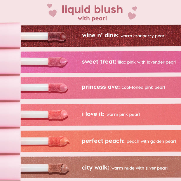 City Walk ColourPop Liquid Blush swatched on a doe-foot wand, warm nude with silver pearl finish, displayed at the bottom of a six-shade lineup on a pink backdrop.