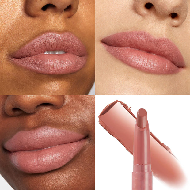 Oh Snap ColourPop Lippie Stix displayed on three sets of lips across different skin tones, showing a soft rosy nude payoff; bottom-right panel shows the bullet and a swipe swatch, highlighting its creamy satin texture in a four-panel collage.