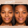 Before-and-after split close-up shows a model with primer only on the left and primer plus foundation on the right, highlighting smoother, more even skin; showcases Hydrating Prime + Set ColourPop Face Set for hydrating prep and long-wear makeup.