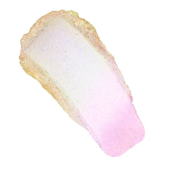 Thunderbolt pH lip balm swatch displaying a glossy, sheer pink-to-lilac gradient with iridescent gold micro-shimmer on a clean white background; ColourPop pH Lip Balm shade Thunderbolt offering a subtle pH-reactive tint and luminous shine.