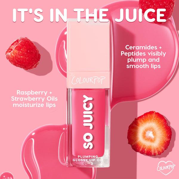 ColourPop So Juicy Plumping Glossy Lip Oil in shade Trending Now stands upright, visibly plumping and smoothing lips with ceramides and peptides; raspberry and strawberry oils moisturize amid pink gloss spills, raspberries, and a strawberry slice.