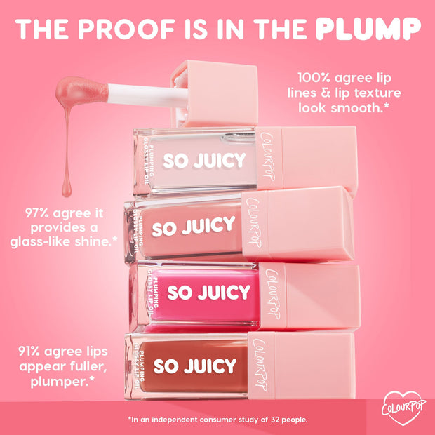 ColourPop So Juicy Lip Oil Set It’s Giving Juicy stacked tubes with a dripping doe-foot applicator, showing clear, pink, and nude shades on a pink backdrop; infographic highlights glass-like shine, smoother lip lines, and a fuller look.