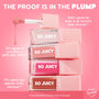 ColourPop So Juicy Lip Oil Set 100% Juicy, four stacked gloss tubes in nude, pink, and brown with a doe-foot applicator dripping gloss, showcasing plumping, smoothing, glass-like shine claims against a pink backdrop.