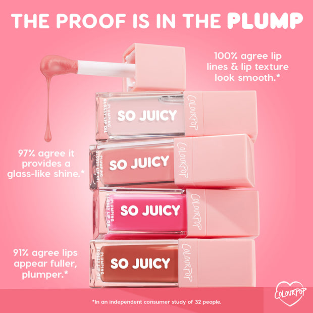 ColourPop So Juicy Plumping Glossy Lip Oil Lychee Jelly stacks in clear pink-capped tubes while a doe-foot applicator drips pink gloss, with infographic claims of 100% smoother-looking lip lines, 97% glass-like shine, and 91% fuller lips on a pink backdrop.