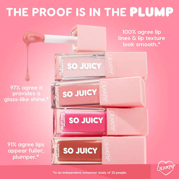 ColourPop So Juicy Plumping Glossy Lip Oil, Baby Panda: stacked tubes with pink caps and a dripping doe-foot applicator on a pink backdrop; infographic highlights 100% smoother-looking lip lines, 97% glass-like shine, 91% fuller lips.