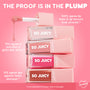 ColourPop So Juicy Plumping Glossy Lip Oil in It’s a Date drips from a doe-foot applicator over stacked pink-capped tubes on a pink backdrop, showcasing glossy shades and claims of glass-like shine, smoother texture, and fuller-looking lips.