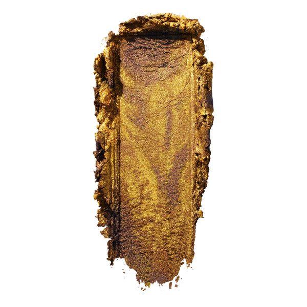 Metallic gold eyeshadow swatch with an olive-bronze shift, smeared in a thick swipe on a white background; ColourPop Super Shock Shadow We Won't Bite shows creamy, high-shine shimmer and sparkly payoff.