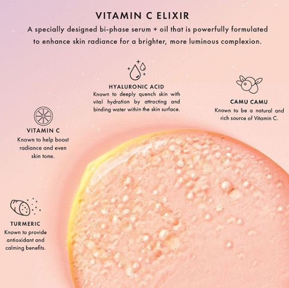 RAYdiate Vitamin C Serum droplet shimmering on a peach backdrop, highlighting a bi-phase face serum + oil with icons for hyaluronic acid hydration, vitamin C and camu camu radiance, and turmeric antioxidants - ColourPop Face Serum.