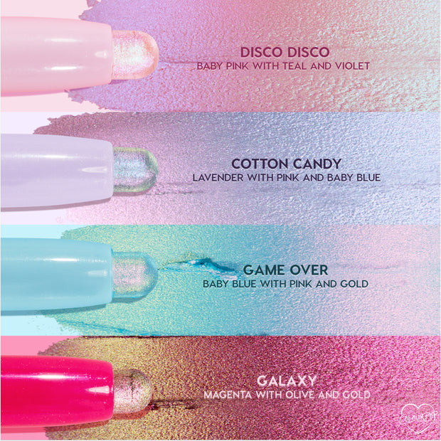 Colourpop Shadow Stix Cotton Candy shade swatched as a shimmering lavender eyeshadow with pink and baby blue reflects, shown in a lineup with Disco Disco, Game Over, and Galaxy colors on a textured pastel background.