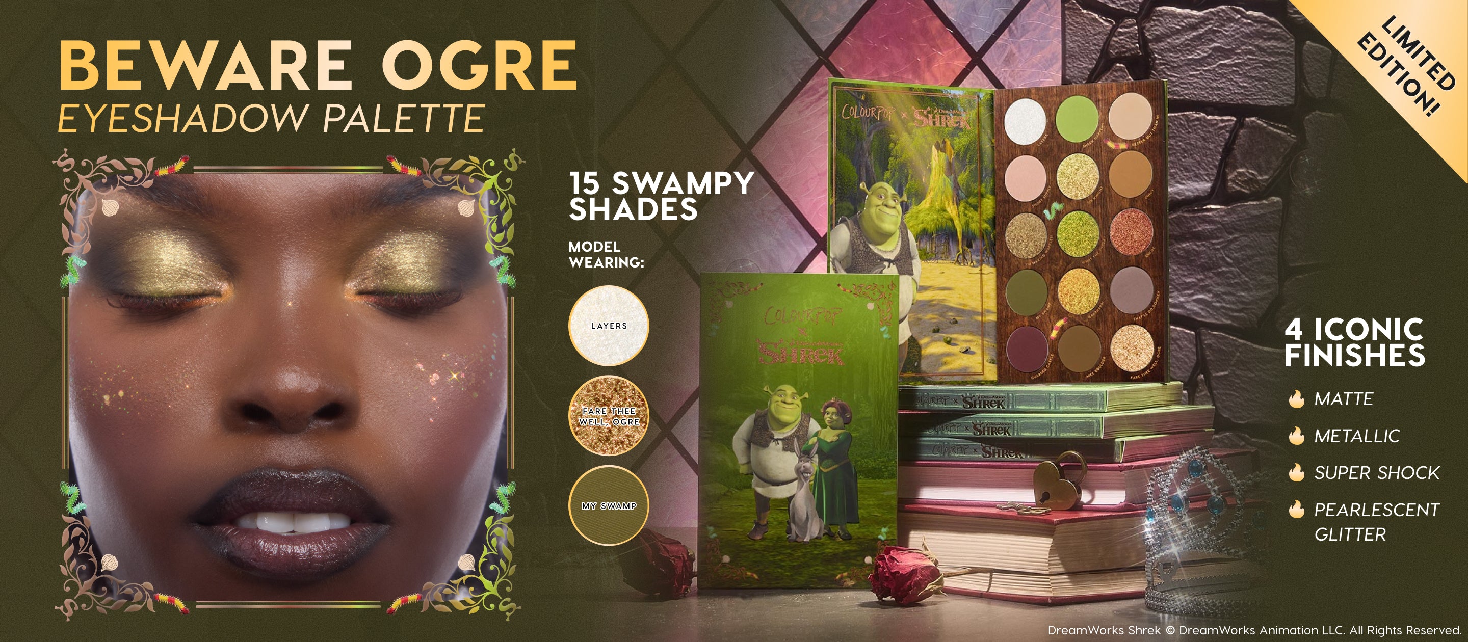 ColourPop x Shrek Beware Ogre Eyeshadow Palette opens to 15 swampy shades in green, gold, and neutral tones - matte, metallic, Super Shock, and pearlescent glitter - while a model wears gold‑green shimmer; limited edition display on stacked books.