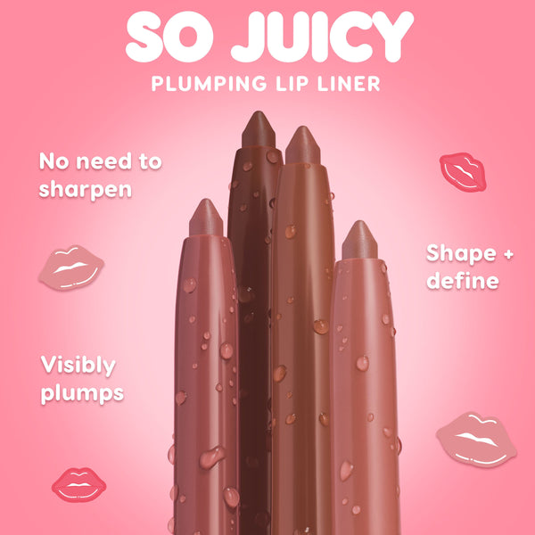ColourPop So Juicy Plumping Lip Liner Set, Juiciest Pout, four twist-up lip liners in nude and brown tones standing upright with dewy droplets, showcasing plumping, shape-and-define, no-sharpen features against a pink gradient background.
