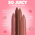 ColourPop So Juicy Plumping Lip Liner & Balm Set, Go-To Lip, features four twist-up lip liners in rosy to deep nude tones with dewy droplets, standing upright on a pink background, showcasing a no-sharpen design that shapes, defines, and visibly plumps.