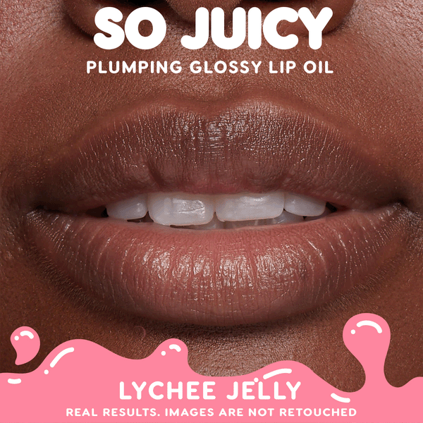 Glossy, plumped lips wearing Lychee Jelly from the ColourPop So Juicy Lip Oil Set, It’s Giving Juicy, showing a before-and-after shine against a pink product banner with playful drips; real results, not retouched.
