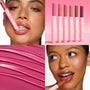 ColourPop So Juicy Plumping Gloss Balm with Peptides in Lush Pout glides onto lips for a glassy, plumped look as models apply the pink twist-up balm; a row of shades and a bold pink swatch highlight the high-shine, cushiony finish.