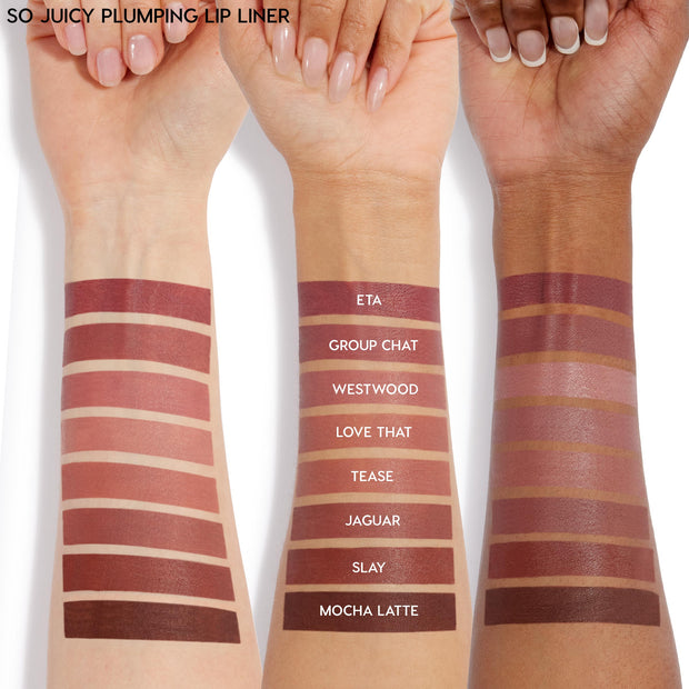 Westwood swatch from the ColourPop So Juicy Plumping Lip Liner with Peptides running across three forearms, third stripe from the top among nine shades; a mid-rose tone showing pigment and contrast on light, medium, and deep skin tones.