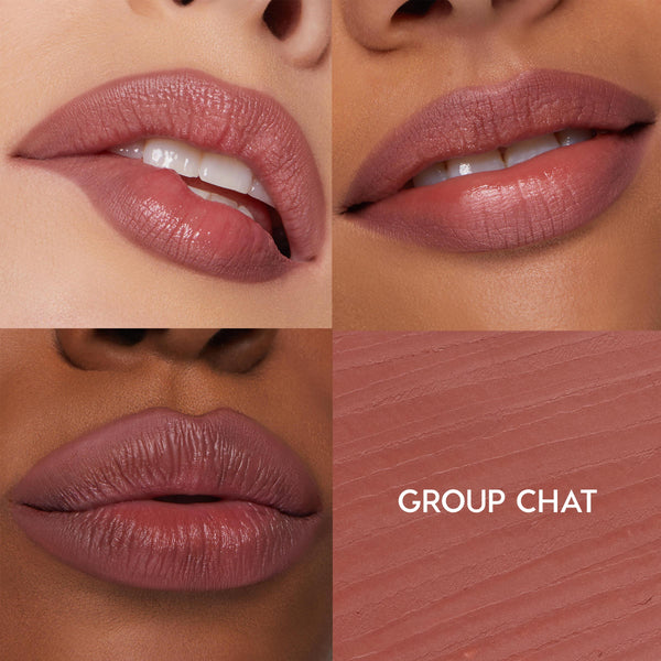 Plumped, lined lips wearing ColourPop So Juicy Plumping Lip Liner with Peptides in Group Chat, a rosy mauve nude, shown on multiple skin tones in a four-panel grid with a matching swatch labeled GROUP CHAT.