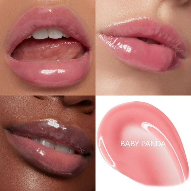 Baby Panda shade coats lips in a sheer, high-shine pink, showing a plumping finish across three close-up wear shots on different skin tones with a labeled swatch; ColourPop So Juicy Plumping Glossy Lip Oil product grid.