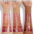 Glossy lip balm swatches on three arms in light to deep skin tones, showcasing ColourPop So Juicy Plumping Lip Liner & Balm Set, Go-To Lip shades: Dolled Up, Guava Glaze, Vacay Mode, Doe, PSL, and Berry Spritz, highlighting high-shine finish.