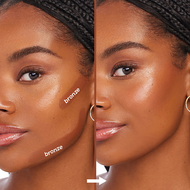ColourPop Bronzer Stix in Rincon Point swept on a model’s cheekbone and jawline in a split-screen before-and-after, showing a deep bronze stripe blended into a seamless, sun-kissed glow; creamy stick bronzer for contour and warmth.