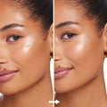 Model’s cheek highlighted with Glazey Lite Stix, split-screen before-and-after shows ColourPop Lite Stix blending from a visible swipe to a soft, dewy cheekbone glow for natural radiance on medium skin.