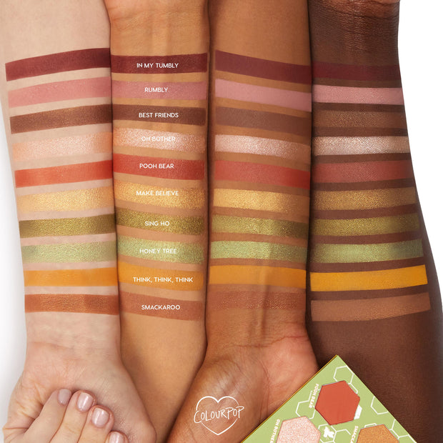 Sweet as Hunny ColourPop Eye & Lip Set swatches run in rows across three light, medium, and deep arms, showing matte and shimmer shades from brick red and honey gold to olive green with shade names labeled, palette visible at bottom right.