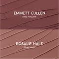 Opposites Attract Lippie Stix swatches showing two Twilight-inspired lip colors: Emmett Cullen in deep rosy pink on top and Rosalie Hale in pinky nude on bottom, both smeared in smooth diagonal strokes on a textured background.