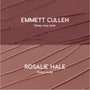 Opposites Attract Lippie Stix swatches showing two Twilight-inspired lip colors: Emmett Cullen in deep rosy pink on top and Rosalie Hale in pinky nude on bottom, both smeared in smooth diagonal strokes on a textured background.