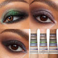 Twilight Forever palette trio eyeshadow looks and arm swatches showing metallic green, plum, navy, silver, taupe and neutral Twilight-inspired shades on multiple skin tones in a 4-panel grid for ColourPop makeup shoppers in the US.