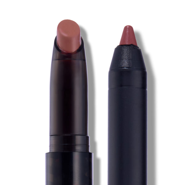 Opposites Attract Lippie Stix in a Twilight-inspired mauve nude shade shown uncapped side by side, with the creamy lipstick bullet and matching pointed pencil tip against a clean white background for detailed product close-up.