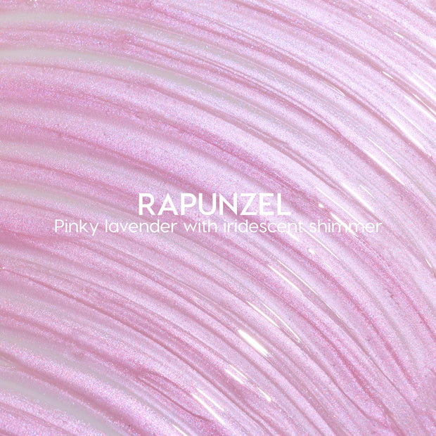 Rapunzel ColourPop Ultra Glossy Lip swatch swirling in sweeping arcs, showing a pinky lavender gloss with iridescent shimmer and high-shine finish, macro texture close-up for shade reference.