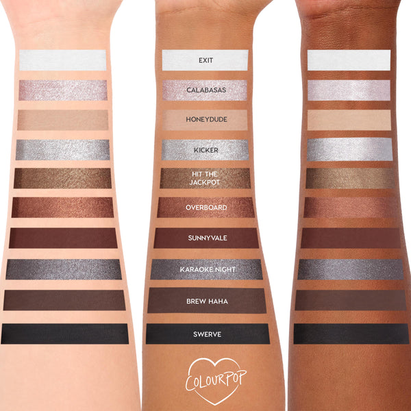 ColourPop Crème Gel Liner New BFF swatches line three arms from light to deep skin tones, showing matte and metallic neutrals labeled Exit, Calabasas, Honeydude, Kicker, Hit the Jackpot, Overboard, Sunnyvale, Karaoke Night, Brew Haha, and Swerve.