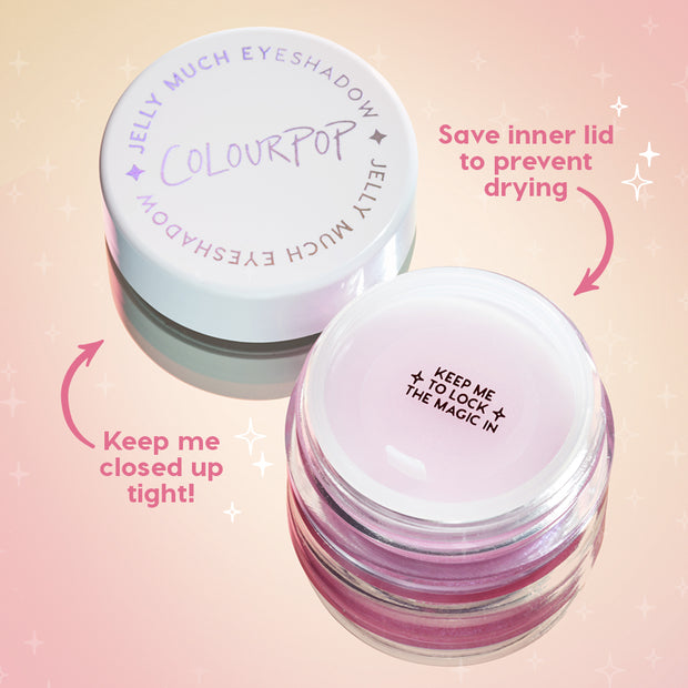 Hallucinogenius ColourPop Jelly Much Shadow shown open with white outer lid off and inner seal in place, revealing lavender shimmery gel in a clear jar on a pink gradient background, emphasizing keeping the inner lid to prevent drying.