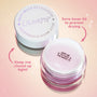 Hallucinogenius ColourPop Jelly Much Shadow shown open with white outer lid off and inner seal in place, revealing lavender shimmery gel in a clear jar on a pink gradient background, emphasizing keeping the inner lid to prevent drying.