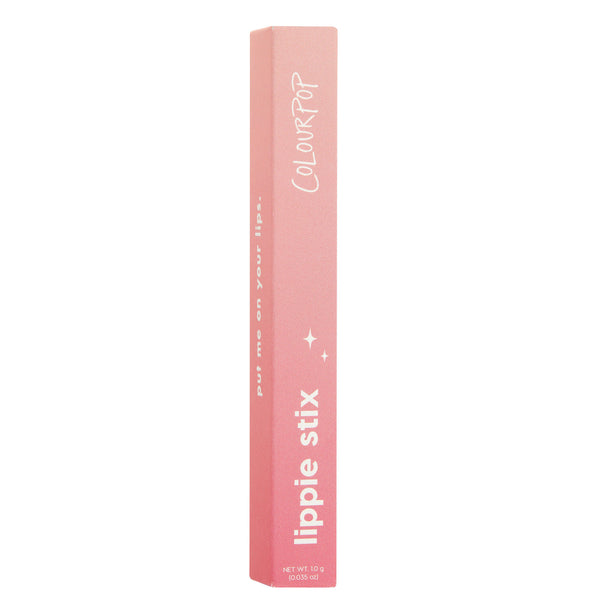 ColourPop Lippie Stix Oh Snap standing upright, pink gradient rectangular box with white “lippie stix” and “ColourPop” branding, small star icons, net wt. 1.0 g (0.035 oz), on a white studio background.