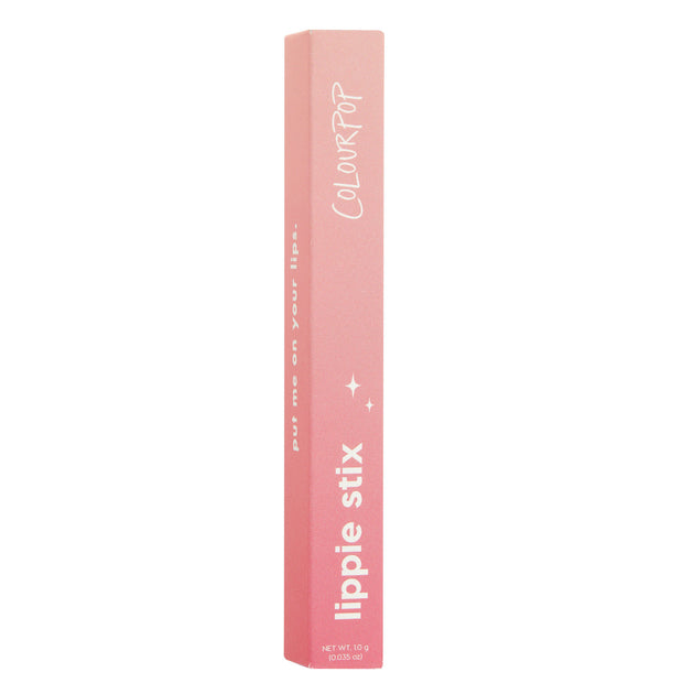 ColourPop Lippie Stix Oh Snap standing upright, pink gradient rectangular box with white “lippie stix” and “ColourPop” branding, small star icons, net wt. 1.0 g (0.035 oz), on a white studio background.