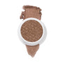 ColourPop So Quiche Super Shock Shadow pot shows a shimmery taupe-bronze eyeshadow, swatched above and below the white jar on a white background, emphasizing the sparkly finish and textured pan.