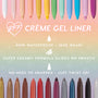 ColourPop Crème Gel Liner Honeydude showcases benefits - now waterproof with 18-hour wear, super creamy glide, and a twist-up no-sharpen design - framed by rows of multicolor liner tips on a pastel rainbow background with hearts and stars.
