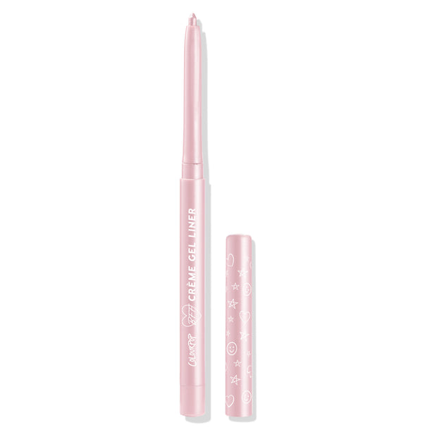 ColourPop Crème Gel Liner in Calabasas, a twist-up eyeliner pencil, shows the creamy tip extended with the cap beside it; metallic pink tube with white lettering and a doodle-printed cap of hearts and stars on a white background.