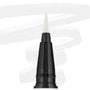 ColourPop BFF Liquid Liner Graceland creating bold white strokes with a fine felt tip; close-up of the black pen barrel and pointed brush, white eyeliner swatches behind, for precise wings and graphic eye looks.