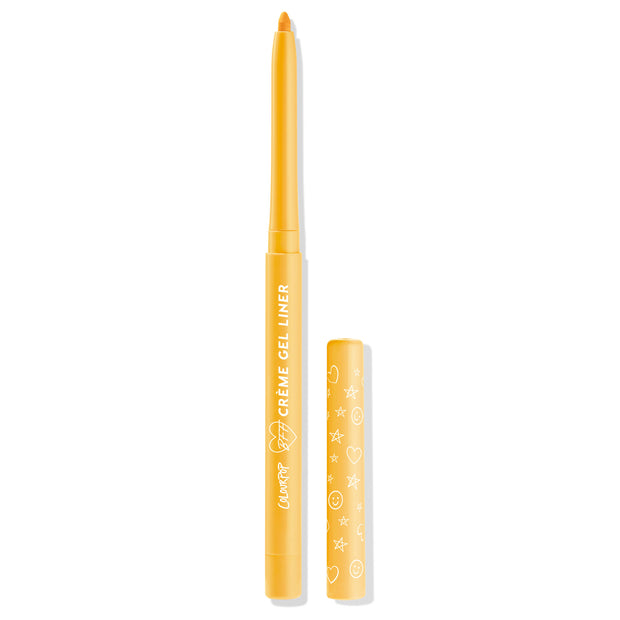 ColourPop Crème Gel Liner in Punch shown uncapped, retractable marigold-yellow gel eyeliner tip exposed, slim twist-up pencil with white logo and a cap printed with stars, hearts, and smiley faces on a white background.